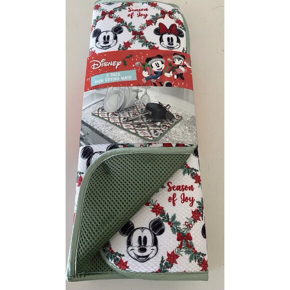 2 Pk Disney Mickey Minnie Dish Drying Mats 16" x 18" Christmas Wreath Holiday - Picture 2 of 16